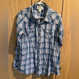 Ariat, red, white and medium blue plaid shirt - XL